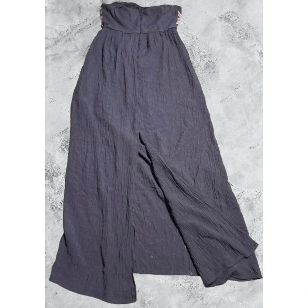 Maurices Navy Blue Embroidered Strapless Maxi Dress Boho Geometric Slit Large - Picture 2 of 7